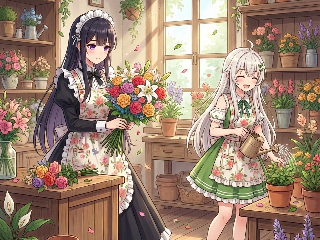 くろととましろが花屋をやっているイメージ画像